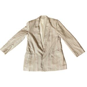H&M Linen Blend Blazer Womens Size 8 Tan Striped Open Front Preppy Career Work